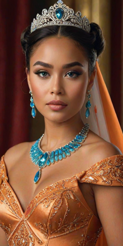 A gorgeous Tongan woman in a luxurious orange gown, accessorized with a dazzling tiara and statement earrings, her deep cyan eyes highlighted by impeccable makeup, poised in a royal setting, photorealistic, 8K quality