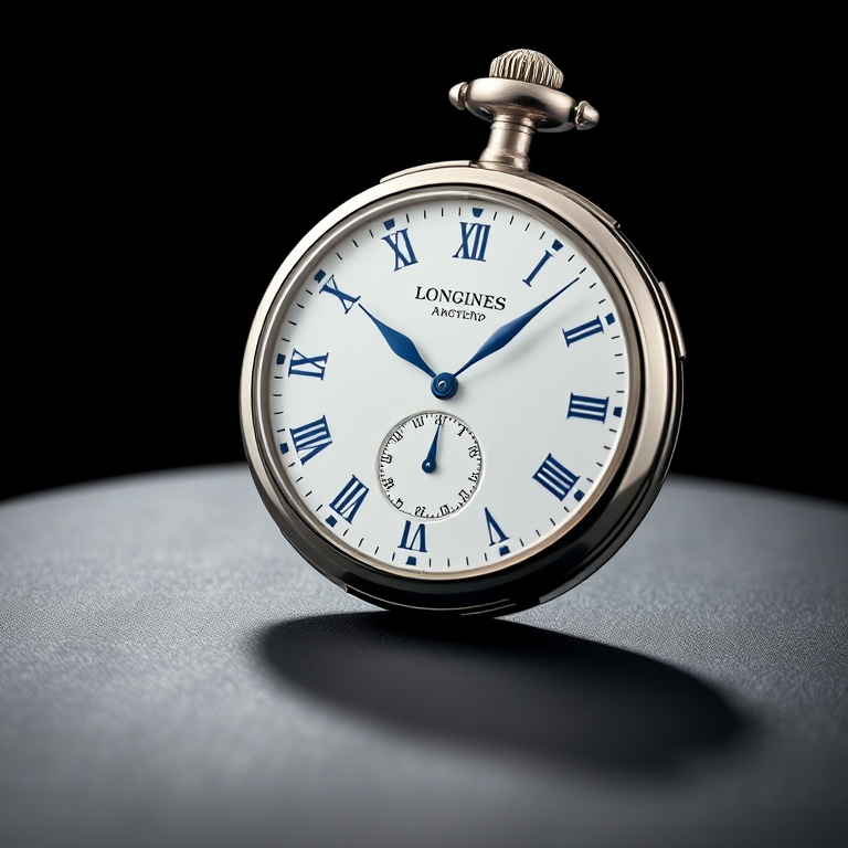 Create a high-resolution image of an elegant Longines pocket watch with a white dial and blue hands against a minimalist black background, shot with a Canon EOS R5 at 50mm f/1.8, aperture set to f/2.8, ISO 100, using soft natural lighting for a clean and polished look.