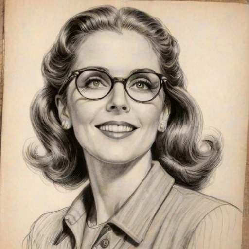 Enchanting Julie Hagerty, pencil sketch, portrait of Radiant woman 1935s in glasses, hair style beatnik, outline, clear lines, fine lines, 8k