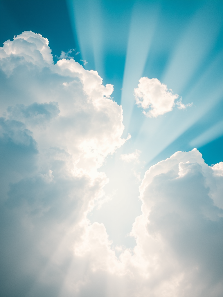 Generate a bright sky with fluffy clouds and rays of sunlight streaming through, using a DSLR camera with a 24mm lens, aperture f/8, ISO 100, 1/200s shutter speed, shot from a low angle to emphasize the clouds and light.