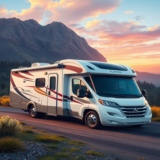 Create a high-quality illustration of a modern RV parked in a scenic location, shot with a Canon EOS R5 camera, 24mm lens, f/8 aperture, ISO 100, natural daylight, wide-angle view, focusing on details and vibrant colors.