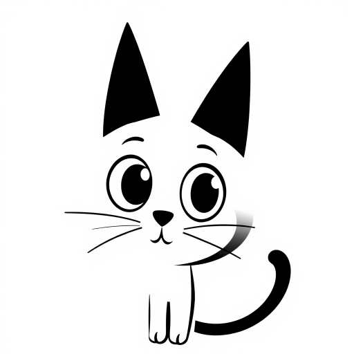 Create a black and white minimalist illustration of a cat. The cat should have large, round eyes and a simplistic, cartoonish style. Its ears should be tall and pointed, and its whiskers should be simple lines extending from its face. The background should be plain white to emphasize the cat's silhouette.