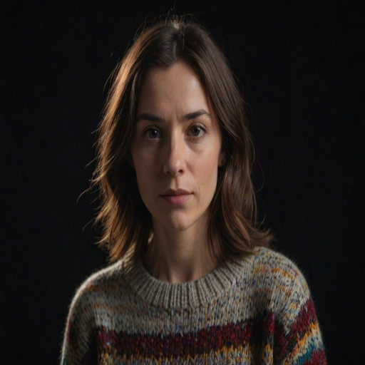 A closeup portrait photo of a woman with medium length hair who gazing directly at the camera with a neutral expression. She is wearing a multicolored knitted sweater against a dark background. Spotlight illumination