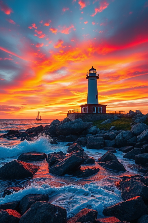 Generate an idyllic coastal scene featuring a lighthouse at sunset, with vibrant colors in the sky, waves crashing against rocks, and a sailboat in the distance, captured with a DSLR camera at f/8, ISO 100, 24mm lens, wide-angle view, with soft lighting and high dynamic range for enhanced detail.