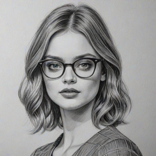 Superb Bella Heathcote, pencil sketch, portrait of Exquisite woman 1972s in glasses, hair style beatnik, outline, clear lines, fine lines, 8k