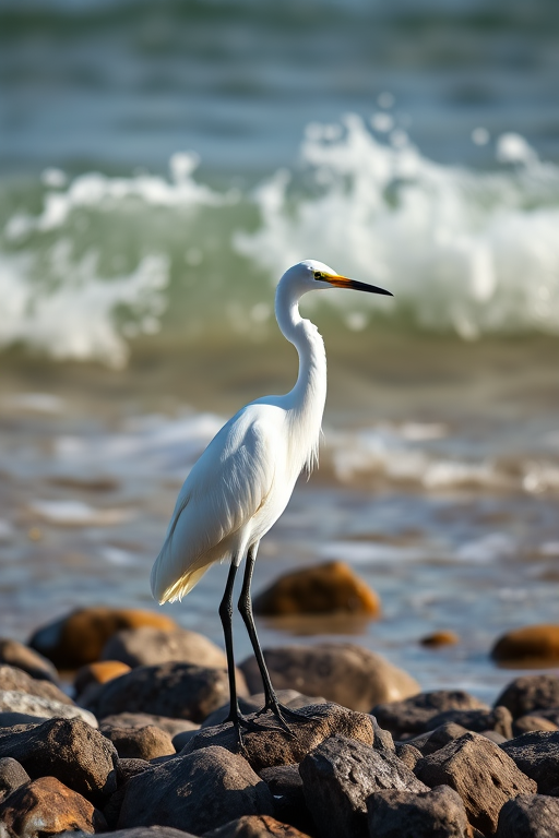 Regenerate the image of a white egret standing on rocks near the shore with crashing waves in the background, captured with a Canon EOS 5D Mark IV, 200mm lens, f/4 aperture, ISO 400, in natural light from a low angle to enhance detail and depth.