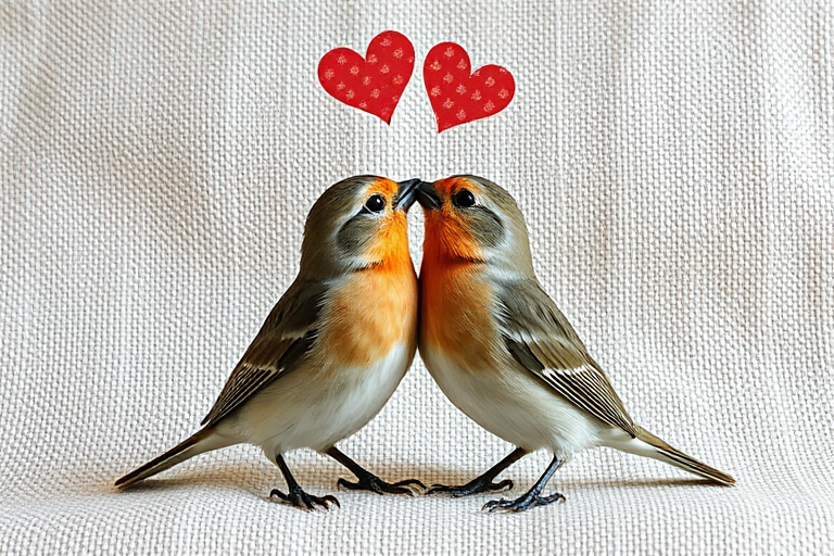 Generate an illustration of two birds kissing with hearts above them on a textured fabric background, use a Canon EOS 5D Mark IV, 50mm lens, aperture f/2.8, ISO 100, capture in natural light for enhanced detail and clarity.