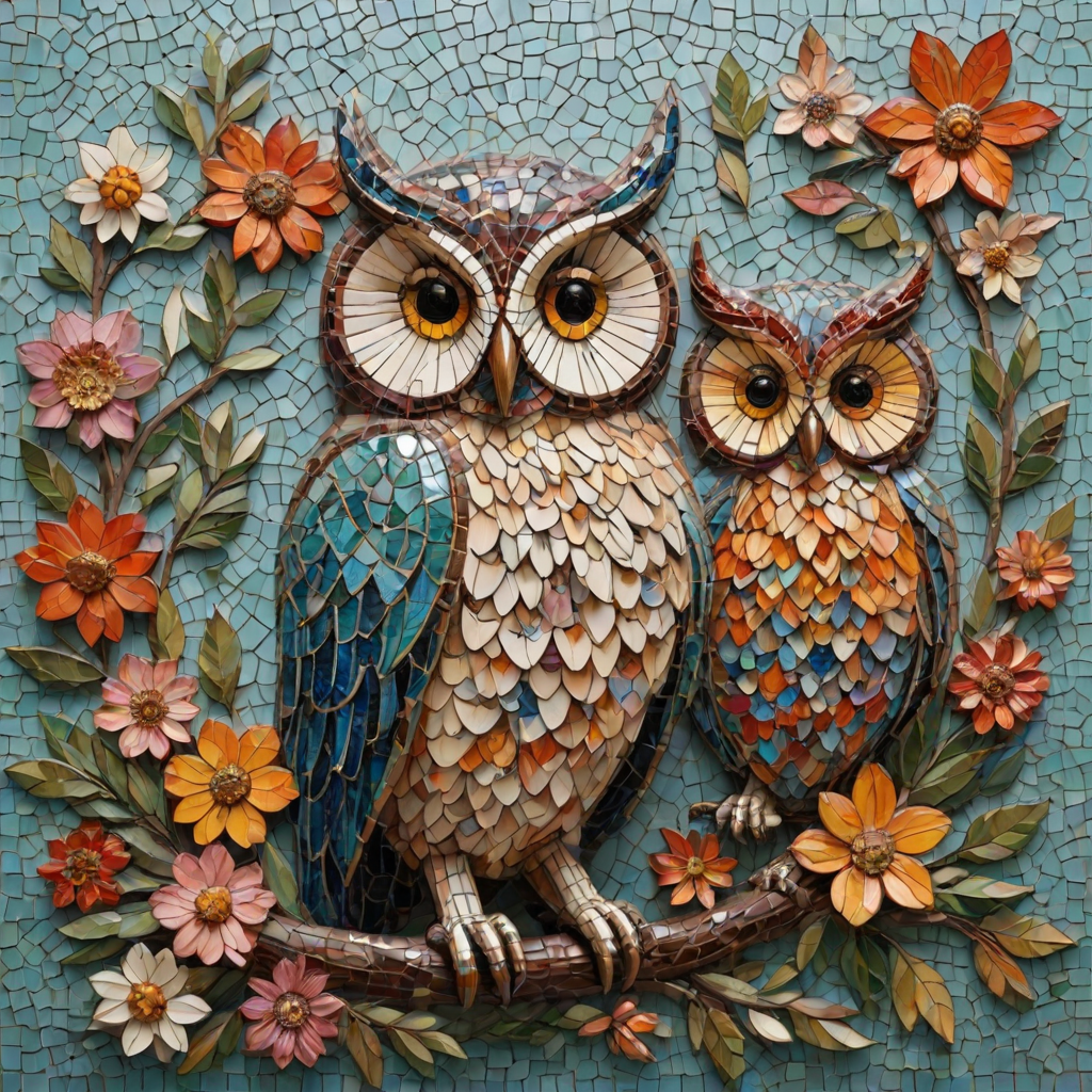 A mosaic of floral owls, each owl intricately composed of individual flower blossoms. The design showcases a delicate balance of nature and form, where the feathers of the owls are replaced by vibrant petals and blooms. The overall appearance is whimsical yet detailed, with each floral element contributing to the intricate patterns of the owl’s body. The artwork embraces a raw, organic style, with natural hues and soft textures, creating a harmonious blend of flora and fauna. The mosaic arrangement adds depth and visual intrigue to the piece, evoking a sense of wonder and artistic beauty.