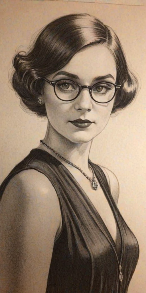 Wonderful Charley Koontz, pencil sketch, portrait of Bewitching woman 1920s in glasses, hair style beatnik, outline, clear lines, fine lines, 8k