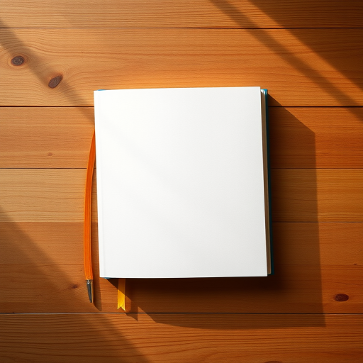 Create a high-resolution digital illustration of a blank book with a glossy cover, placed on a wooden table, using a DSLR camera with a 50mm lens, f/2.8 aperture, ISO 100, 1/200s shutter speed, top-down view, in natural light for enhanced image quality.