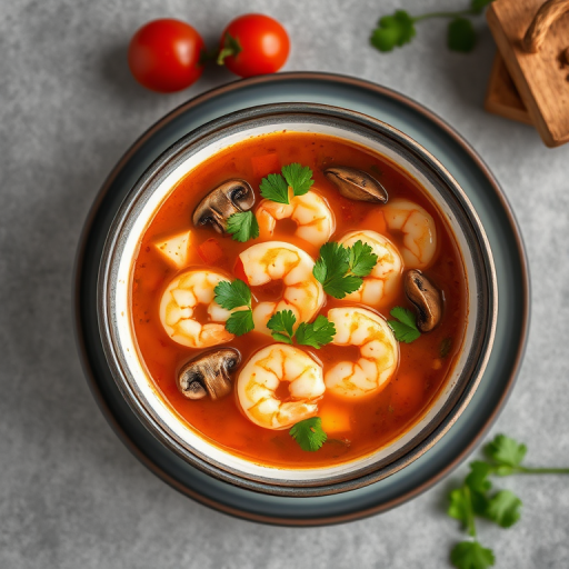 Create an image of a bowl of Tom Yum soup featuring shrimp, mushrooms, and tomatoes garnished with fresh cilantro, shot with a Canon EOS 5D Mark IV at f/2.8, 50mm lens, in natural light, top-down view, capturing vibrant colors and textures for enhanced image quality.