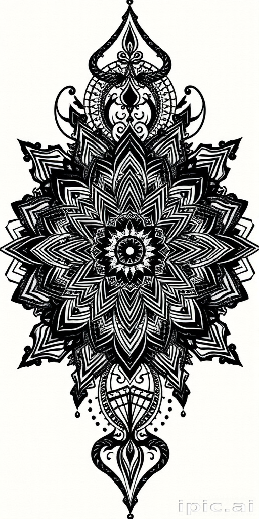 Blackwork tattoo "Shadow Realm" featuring intricate mandala designs and sacred geometry patterns in solid black ink, creating a mesmerizing optical illusion effect