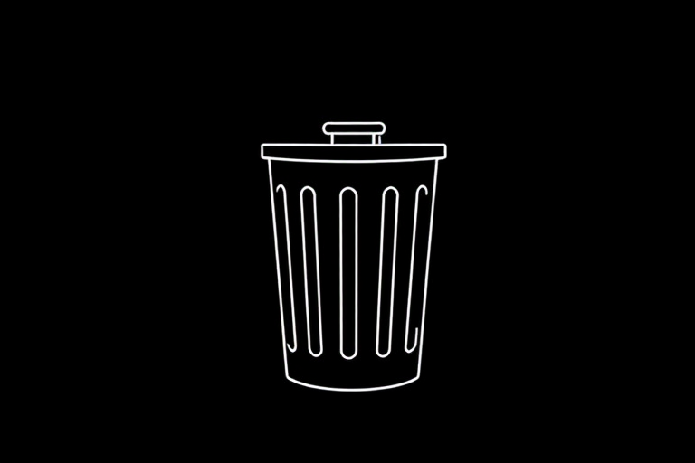 Create a minimalist, white line art illustration of a trash can on a solid black background, using a Canon EOS R5 with a 50mm f/1.8 lens, aperture set to f/2.8, ISO 100, and a shutter speed of 1/125s for enhanced clarity and detail.