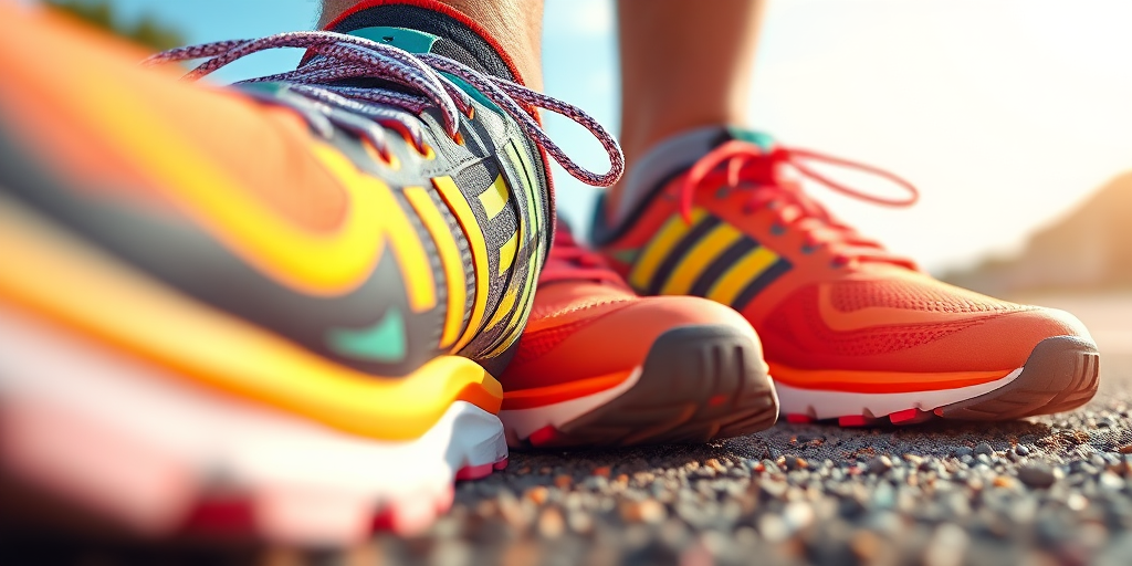 Create a vibrant digital illustration of a close-up view of colorful running shoes from a low angle, using a soft focus to enhance depth; simulate a Canon EOS 5D Mark IV with a 50mm lens, f/1.8 aperture, ISO 100, natural daylight.