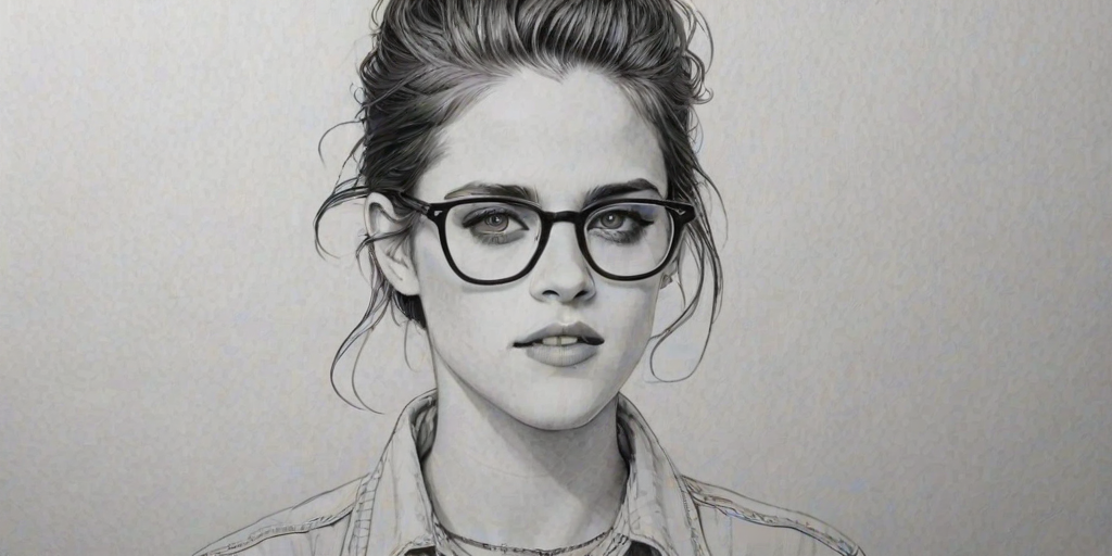 Delightful Kristen Stewart, pencil sketch, portrait of Radiant woman 1974s in glasses, hair style beatnik, outline, clear lines, fine lines, 8k