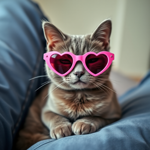 A cute gray cat wearing pink heart-shaped sunglasses sitting comfortably on a person's lap with denim jeans visible in the background. The cat appears relaxed and content, with its eyes partially closed. The setting has soft lighting, creating a cozy atmosphere.