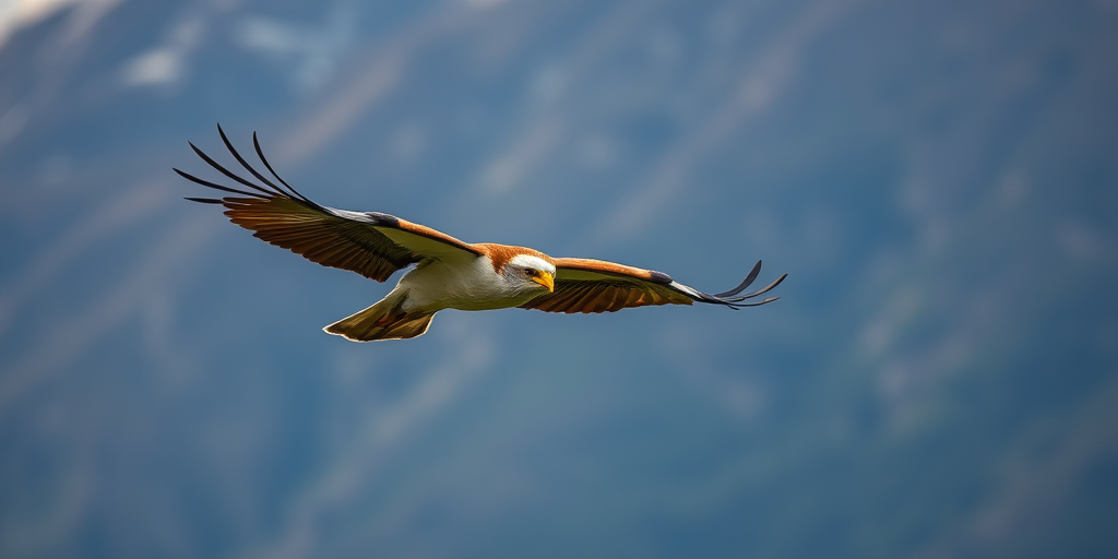 Capture a majestic bird in mid-flight against a blurred mountain backdrop with sharp focus, using a Canon EOS 5D Mark IV, 1/2000 sec, f/4 aperture, ISO 400, 70-200mm lens, shot from a slight low angle for dramatic effect.