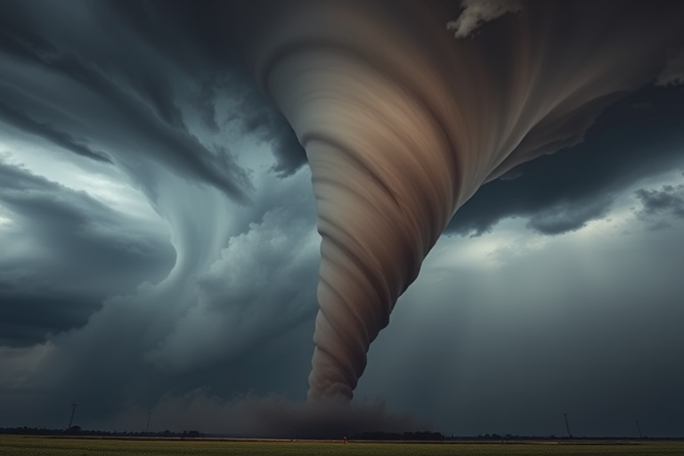Create a hyper-realistic image of a tornado with a dark stormy sky background using a DSLR camera, aperture f/8, ISO 100, shutter speed 1/500s, wide-angle lens, and high dynamic range imaging.