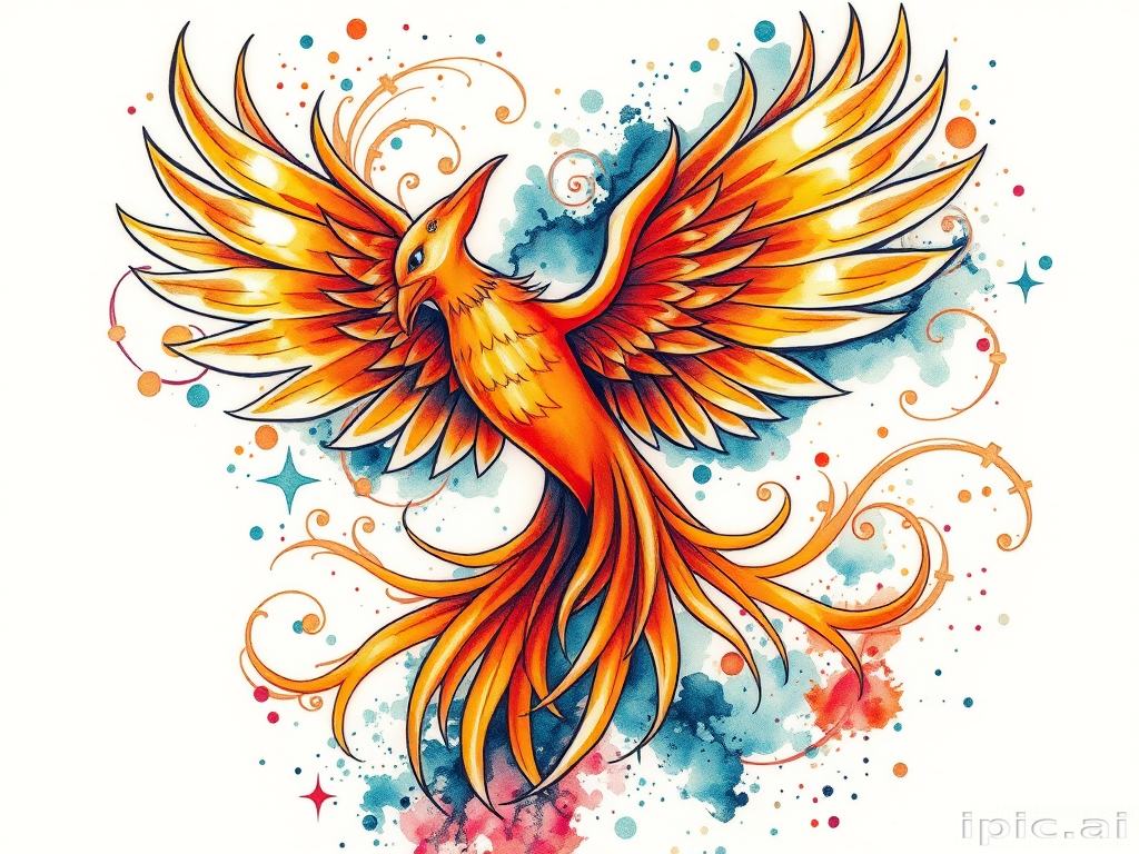 Vibrant watercolor tattoo depicting a majestic phoenix rising from ashes, feathers blending into swirling abstract patterns, iridescent hues of orange and teal, intricate details in negative space