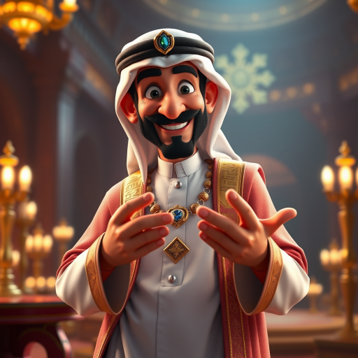 Create a 3D rendering of a wealthy Arab male sheikh from Dubai, inspired by the Disney animation style. The sheikh must have a smile and a playful but wise character. Place your character in an atmosphere of wealth and luxury. The image must be in high resolution format. Dynamic pose above the waist, gesturing with hands (Pixar Art style)++ highly detailed digital painting, art stations, concept art, soft focus, hard focus, illustrations. cinematic, visual effects, HDR, Unreal Engine 5, ray tracing, soft light, 8k, high detail, sparkling backlighting, luxury gem, game art, 3d, cartoon, colorful, magical, mysterious
