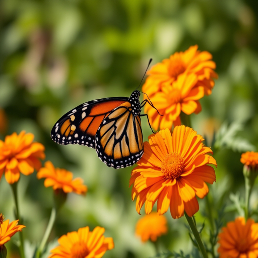 Generate an image of a Monarch butterfly resting on vibrant orange marigold flowers in a sunny garden setting with a blurred green background.