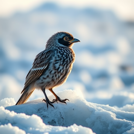 Create a surreal image of a bird with wolf features standing on icy terrain, capturing it with a Canon EOS R5, 85mm f/1.2 lens, ISO 100, aperture f/2.8, 1/500s shutter speed, in soft natural light from the side.