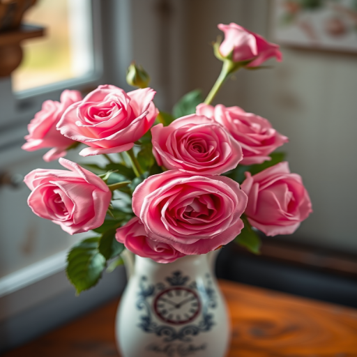 highly detailed illustration of pink roses in a vintage vase, soft natural lighting, depth of field, macro lens, high resolution, shot with a DSLR camera, f/2.8 aperture, 50mm focal length, ISO 100, 1/200s shutter speed