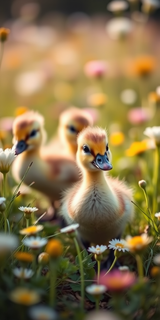 Capture a close-up of baby ducks waddling through a meadow filled with flowers, using a DSLR camera with a 50mm lens, aperture set to f/2.8 for a soft background blur, shutter speed at 1/200 sec, ISO 200, with natural lighting.