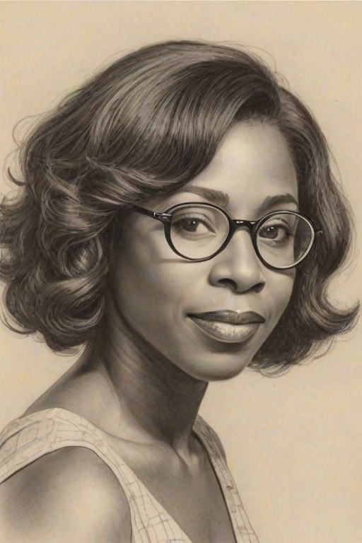 Magnificent Dawnn Lewis, pencil sketch, portrait of Comely woman 1933s in glasses, hair style beatnik, outline, clear lines, fine lines, 8k