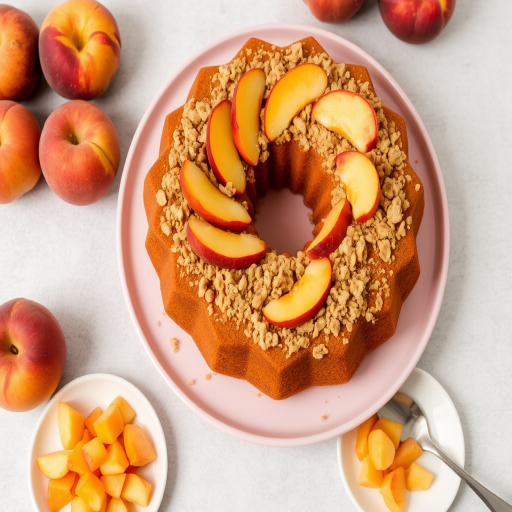 A beautiful bundt cake topped with peach slices and a crumbly topping placed on a light pink plate surrounded by fresh peaches and a small plate of diced peaches with a spoon on a neutral background.