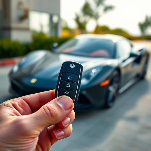 Capture a close-up shot of a hand holding a car key fob in front of a luxury sports car, using a DSLR camera with a 50mm lens, aperture set to f/1.8 for a shallow depth of field, ISO 200 for clear daylight conditions, and a slight bokeh effect in the background to emphasize the key fob and the car.