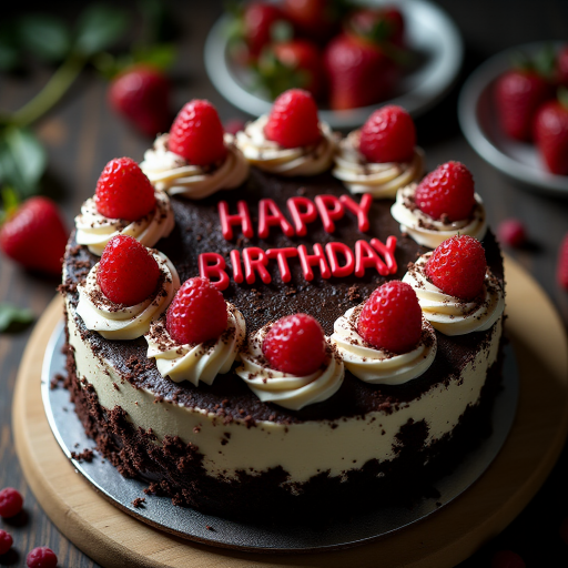 black forest gateau cake, spelling out the words "HAPPY BDAY", tasty, food photography, dynamic shot