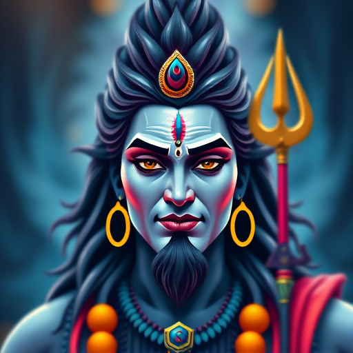 Create a vibrant digital illustration of Lord Shiva with intricate details, using a symmetrical composition and contrasting colors, shot with a DSLR camera at f/2.8 aperture, ISO 100, 50mm lens to enhance clarity and sharpness, featuring a soft focus background.