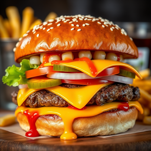 High-resolution, close-up image of a gourmet double cheeseburger. The burger features a glossy, sesame-seed-topped brioche bun. Inside, there are two thick, juicy beef patties, each topped with melted cheddar cheese. The burger is garnished with fresh lettuce, tomato slices, diced onions, and pickles. A generous amount of ketchup and a creamy, orange-colored sauce is dripping down the sides, adding to the mouth-watering appeal. In the background, there are blurred elements including a side of golden French fries and a hint of a beverage, enhancing the overall presentation of a delicious meal.