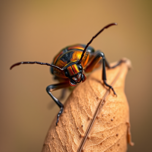 macro shot of a shiny beetle perched on a dried leaf with a blurred background f/2.8, 1/200s, ISO 100, 50mm lens, natural light, shallow depth of field, close-up perspective