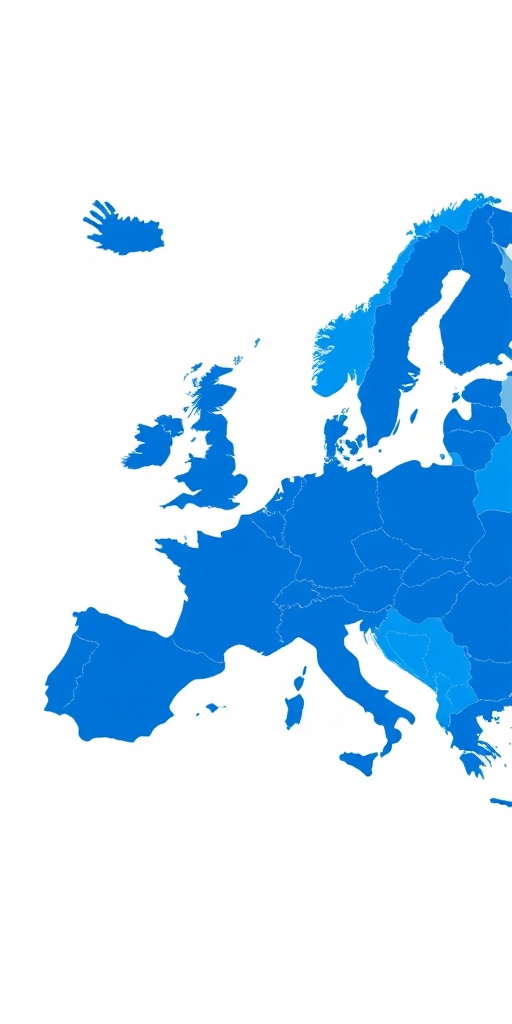 Generate a high-resolution map of Europe with distinct blue regions, captured with a DSLR camera at 50mm focal length, f/8 aperture, ISO 100, top-down view, and a clean, minimalist background.