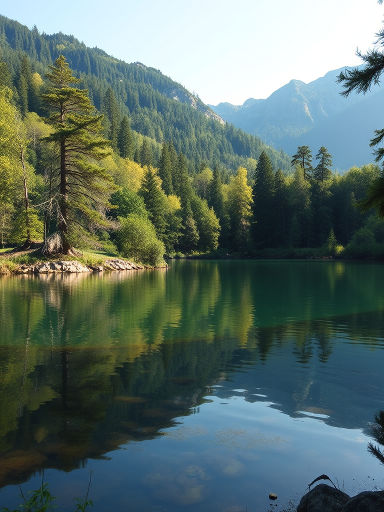 Create an image of a tranquil nature scene featuring a serene lake surrounded by lush trees and mountains in the background, captured with a DSLR camera at f/8 aperture, ISO 100, and a shutter speed of 1/125 seconds, using a wide-angle lens from a slightly elevated viewpoint to enhance depth and clarity.