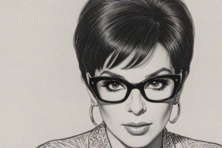 Fetching Liza Minnelli, pencil sketch, portrait of Magnificent woman 1966s in glasses, hair style beatnik, outline, clear lines, fine lines, 8k