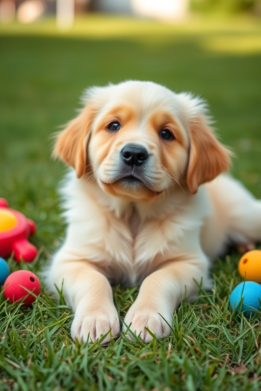 A fluffy golden retriever puppy lying on green grass with a soft expression and slightly tilted head, surrounded by colorful toys in a serene outdoor setting.