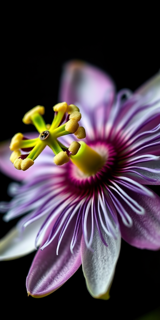 macro shot of a passion flower on a dark background, focus on intricate details of the petals and stamens, 50mm lens, aperture f/2.8, ISO 100, shutter speed 1/200 sec, using a DSLR camera for enhanced clarity and depth of field.