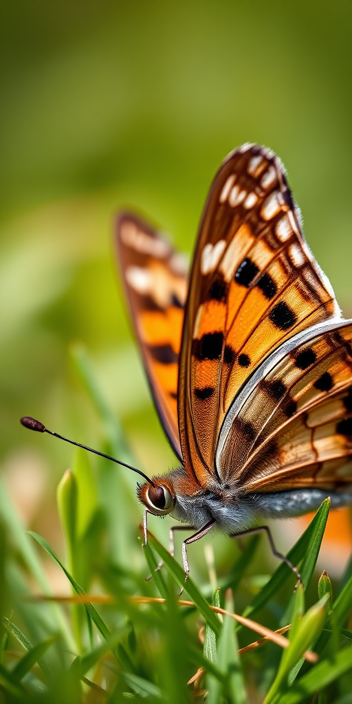 macro shot of a butterfly perched on green grass with a blurred background, f/2.8 aperture, ISO 100, 1/200 sec exposure, taken with a DSLR camera in natural light, focusing on intricate wing patterns and textures.