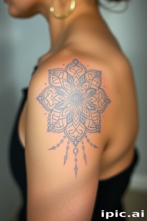 Delicate white ink mandala tattoo adorning the shoulder, incorporating lace-like patterns and intricate floral motifs, visible only in certain lighting for a subtle and elegant appearance