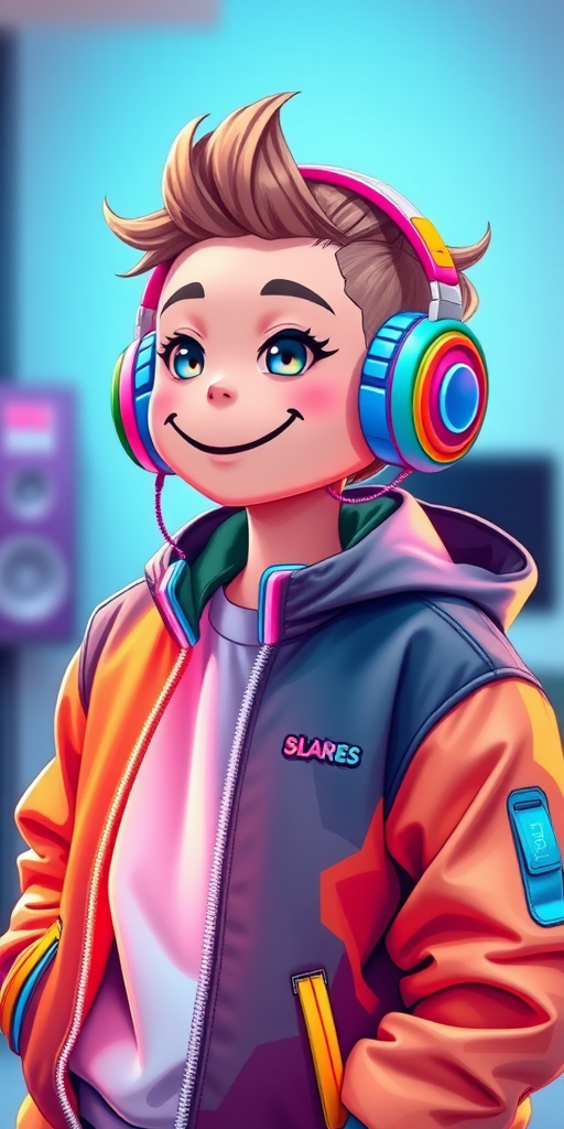 Create a vibrant digital character wearing a stylish jacket with neon accents and headphones, featuring a playful smiley face design, in a well-lit studio setting; camera settings: f/2.8 aperture, ISO 100, shutter speed 1/200s; camera view: close-up portrait; camera style: digital illustration; camera type: mirrorless camera.