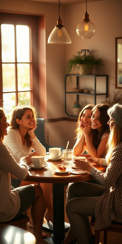 Warm, softly lit image of a group of friends sitting around a table in a cozy cafe, soft chatter and laughter filling the air, sunlight streaming through the windows, coffee cups and plates of pastries scattered on the table, a sense of warmth and friendship.