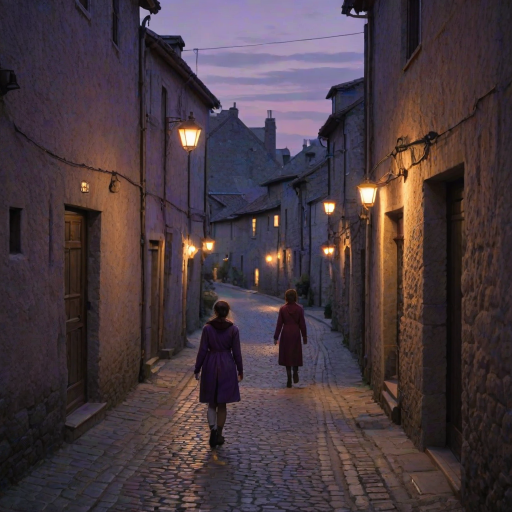 Quiet village at dusk, the sky a deep purple, a woman walks down a narrow cobblestone alleyway, the warm light from windows spilling onto the street as she passes by.
