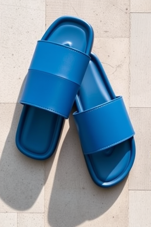 design a pair of stylish blue and black slide sandals with a clean, modern look, captured from a top-down view using a DSLR camera, aperture set to f/2.8 for a shallow depth of field, ISO 100, with balanced natural lighting to enhance colors and details