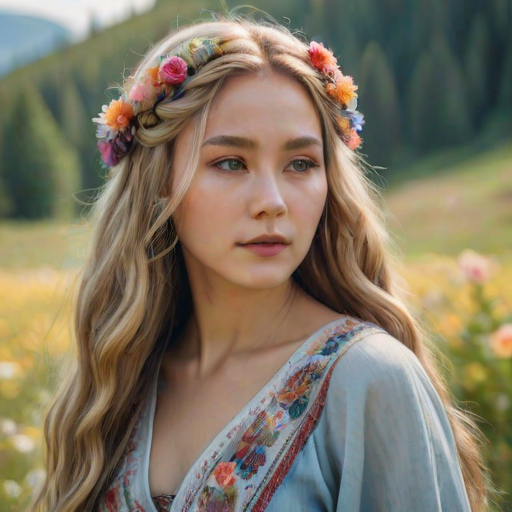 Create an image of a young Kyrgyz woman with long, wavy blonde hair, adorned with small, colorful flowers woven into her braids and loose strands. Her complexion is fair, with soft, glowing skin, and she has light blue eyes that gaze softly at the viewer. She wears a light, flowing dress with a gentle, ethereal quality, complementing her delicate and serene appearance. The background is slightly blurred, drawing focus to her tranquil expression and the intricate details of the flowers in her hair. The overall mood of the image is one of natural beauty and grace, evoking a sense of peacefulness and connection with nature.