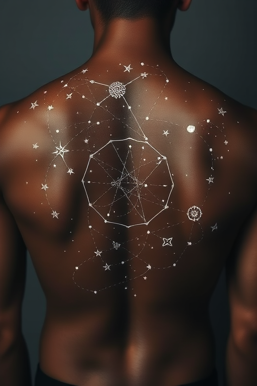 Ethereal white ink constellation tattoo, "Celestial Cartography," mapping out intricate star patterns and zodiac symbols using delicate white ink on darker skin tones, creating a subtle yet magical effect that seems to glow under certain lights, ideal for the back or chest
