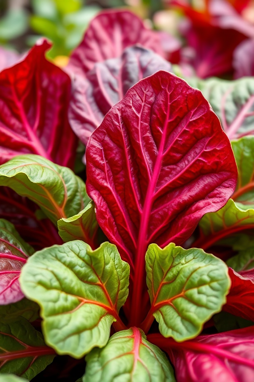 capture a close-up of vibrant red and green Swiss chard leaves in a garden setting, using a DSLR camera, 50mm lens, aperture f/2.8, ISO 200, natural lighting, shallow depth of field for enhanced detail and texture