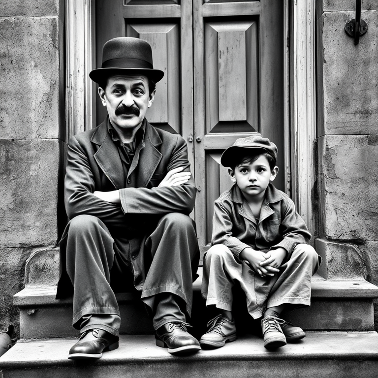 A black-and-white photograph of a man and a child sitting on steps in front of a doorway. The man is dressed as a tramp with a bowler hat, mustache, and ragged clothes, reminiscent of Charlie Chaplin's iconic look. He is sitting with his arms crossed and an expression of slight sadness or frustration. Next to him is a young boy, also in worn clothes and a cap, sitting with his hands clasped, looking thoughtful. The background is an old, textured wall and a partially open door, creating a vintage, early 20th-century atmosphere.